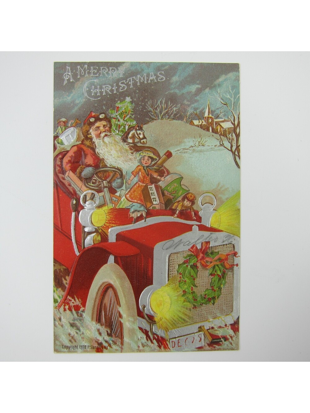 Vintage Christmas Postcard Santa Red Automobile Car Toys Silver Embossed Antique